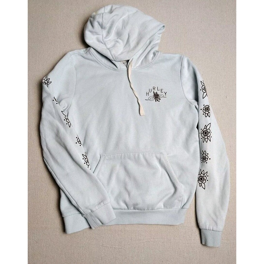 Womens Hurley Size Medium Blue Hoodie Flowers Long‎ Sleeve Y2K Skater Grunge FF